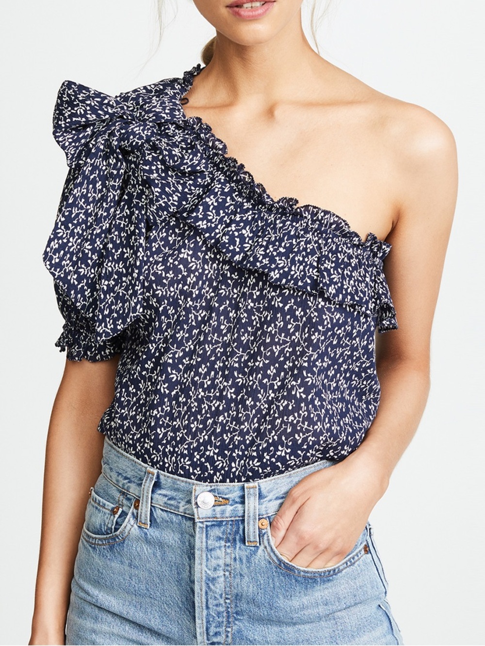 Ulla Johnson One Shoulder Alene ruffle floral Top, navy size 0